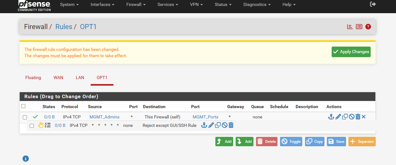 Firewall > Rules > [TAB] OPT1 re.